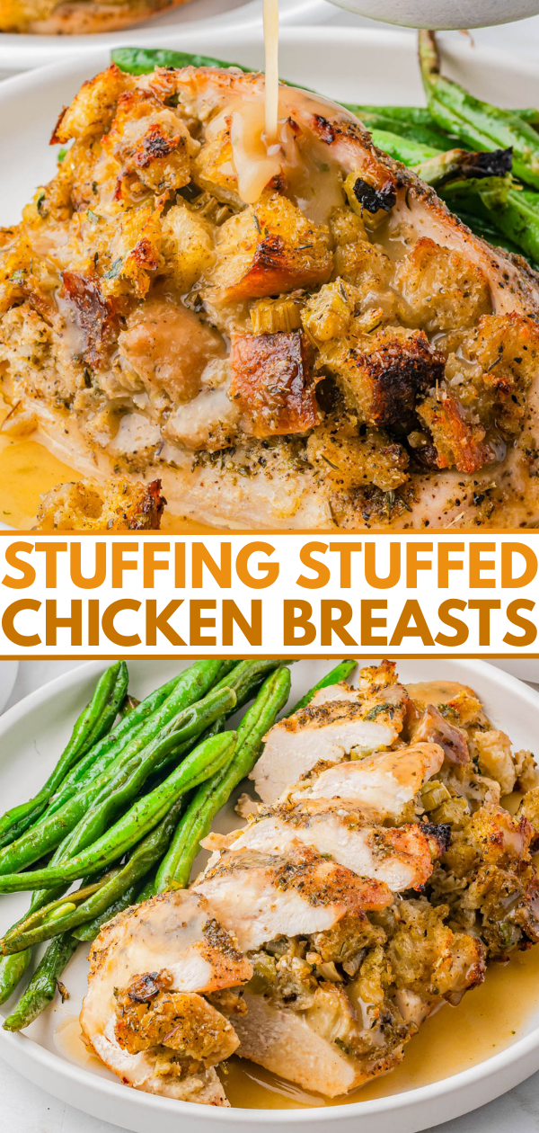 Stuffed chicken breast topped with stuffing and gravy, served with green beans on a white plate.