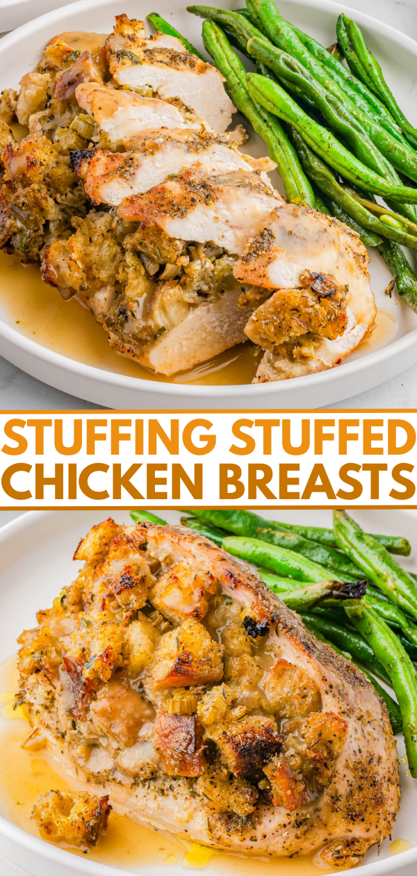 Sliced chicken breast stuffed with bread stuffing, served with green beans and topped with gravy on a white plate.