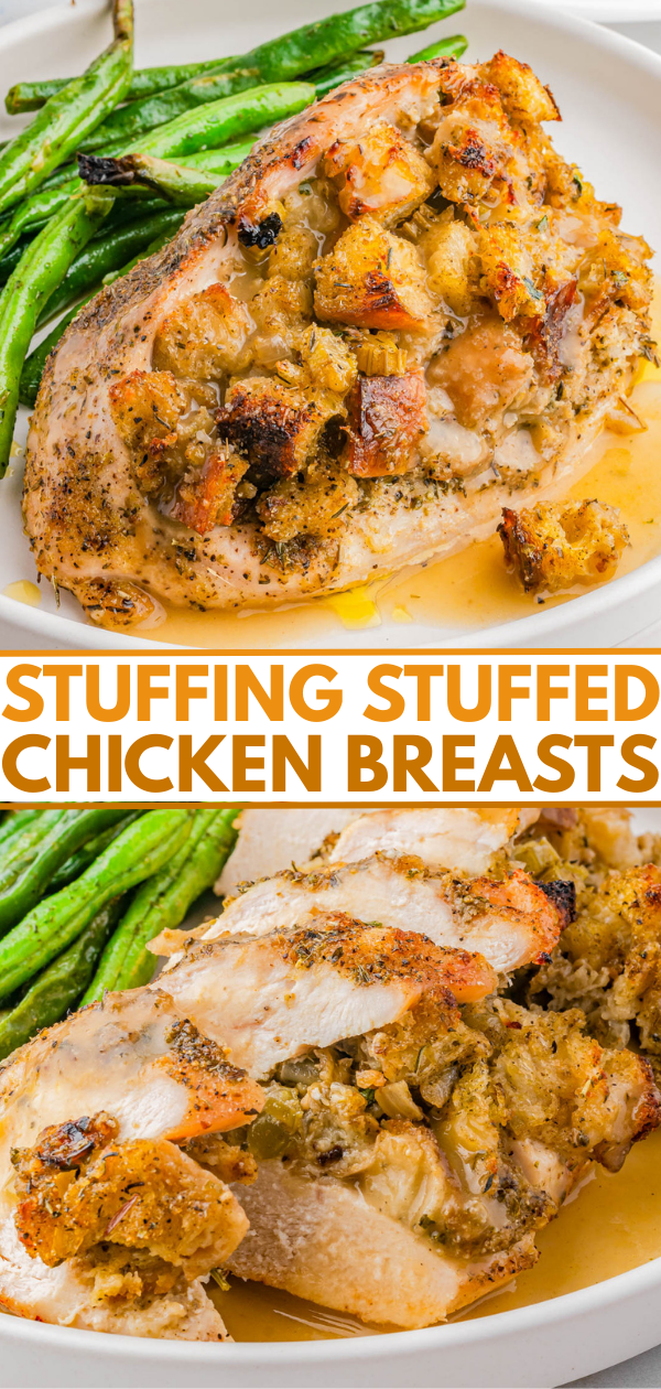 Chicken breasts filled with bread stuffing, served with green beans and topped with gravy, shown whole and sliced on a white plate.