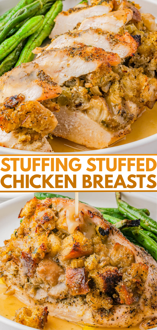 Sliced chicken breast stuffed with bread stuffing, served with green beans and topped with gravy on a white plate.