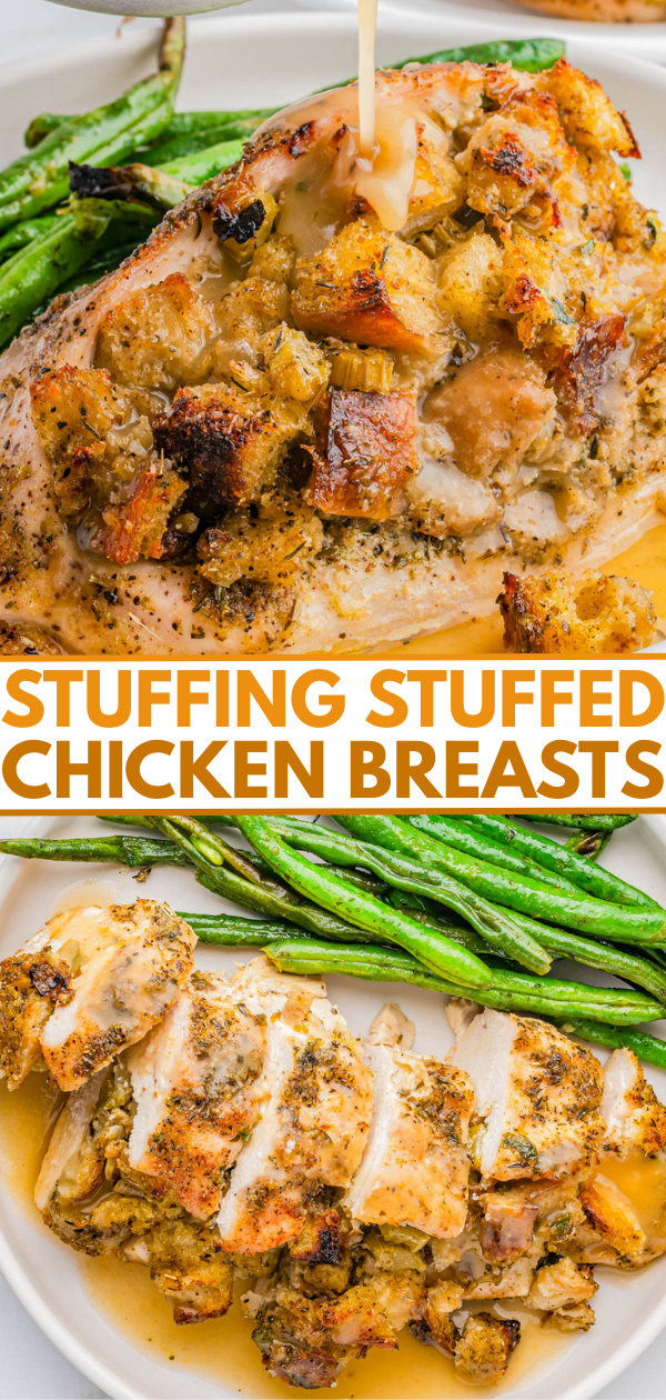 A close-up of stuffing stuffed chicken breasts served with green beans, shown whole in one image and sliced in another, with gravy being poured on top.