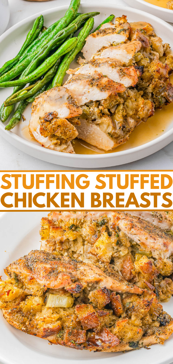 Sliced chicken breasts stuffed with savory stuffing, served with green beans and topped with sauce on a white plate.