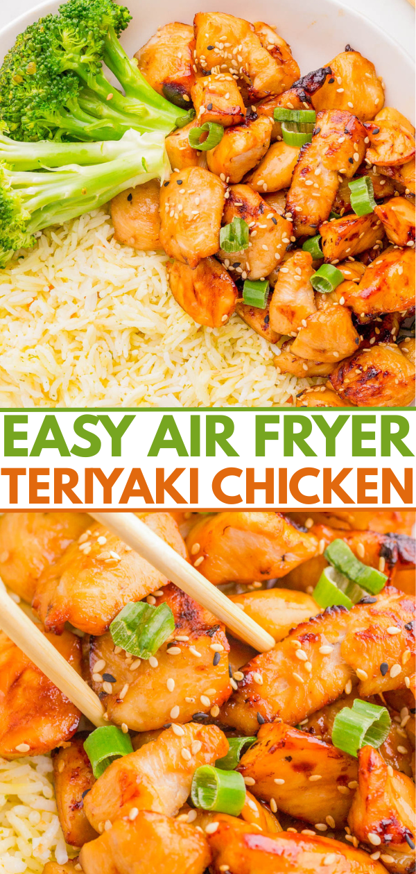 A plate of air fryer teriyaki chicken served over rice with broccoli, topped with sesame seeds and chopped green onions. Text overlay reads "Easy Air Fryer Teriyaki Chicken.