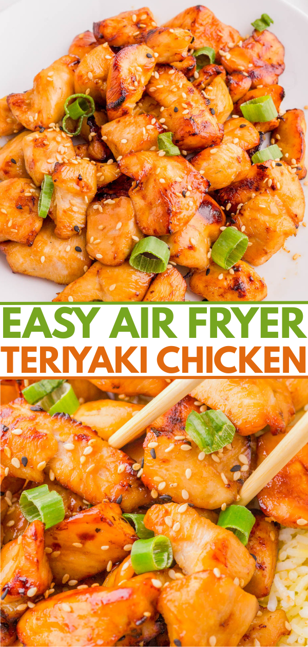 A plate of cooked teriyaki chicken garnished with green onions and sesame seeds, with chopsticks picking up a piece. Text reads: "Easy Air Fryer Teriyaki Chicken.