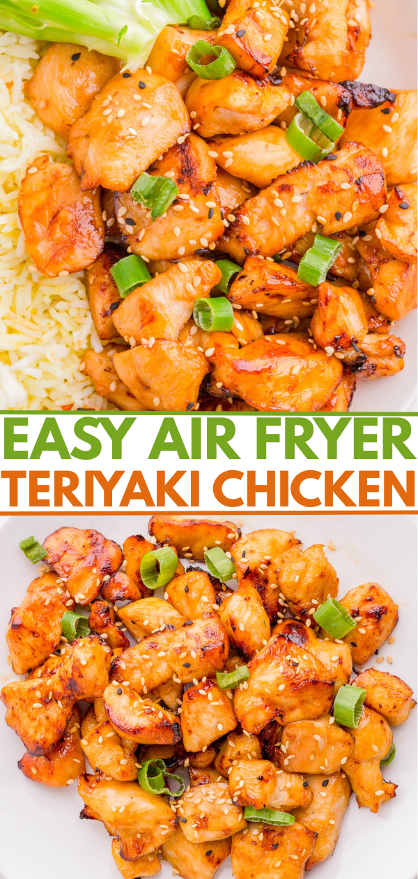 Close-up of air fryer teriyaki chicken pieces garnished with sesame seeds and green onions, served with rice and lettuce.