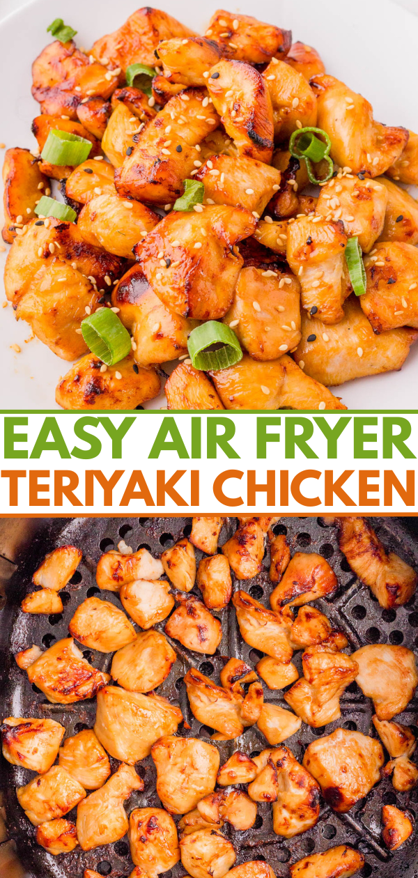 Cooked teriyaki chicken pieces garnished with green onions and sesame seeds on a plate, with air-fried chicken pieces shown in the fryer basket below.