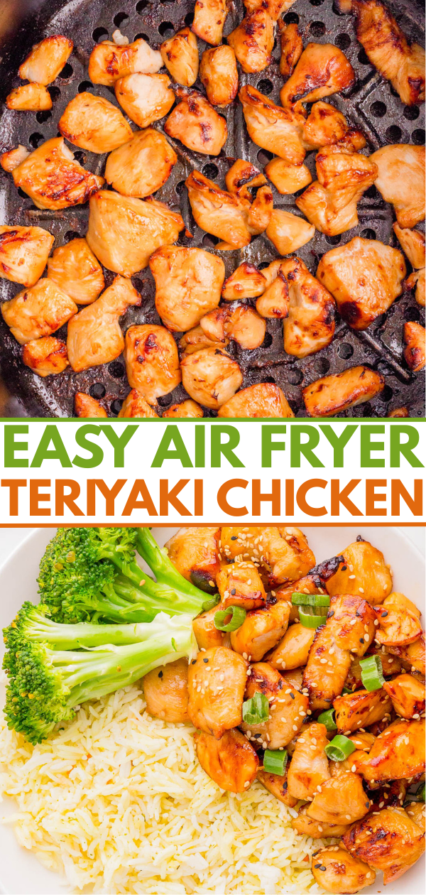 Cooked teriyaki chicken pieces in an air fryer basket above a plate of teriyaki chicken, rice, and steamed broccoli, with text reading "Easy Air Fryer Teriyaki Chicken.