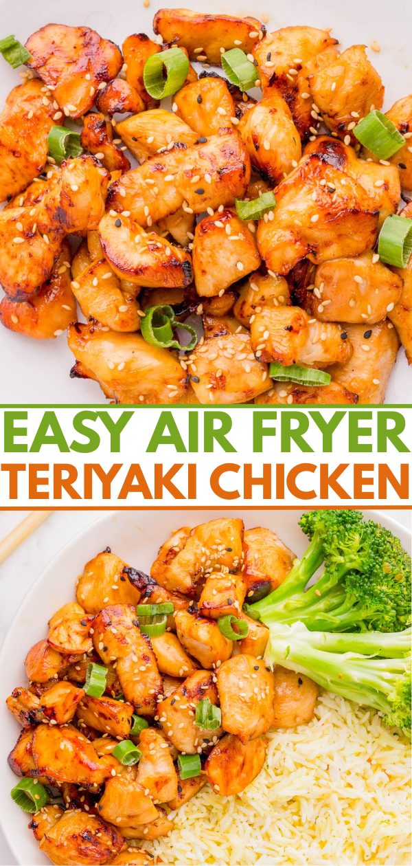 Two plates of air fryer teriyaki chicken garnished with sesame seeds and green onions, served with rice and broccoli. Text reads: “Easy Air Fryer Teriyaki Chicken.”.
