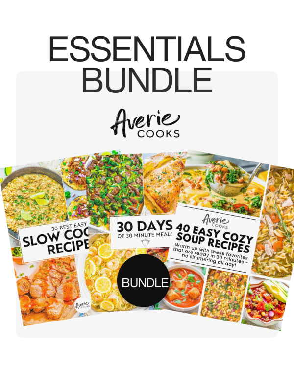 A bundle of three Averie Cooks cookbooks: "30 Best Easy Slow Cozy Recipes," "30 Days of 30 Minute Meals," and "40 Easy Cozy Soup Recipes," displayed with food images.
