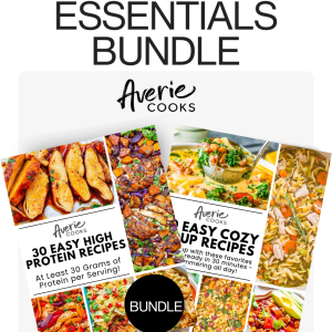 Two Averie Cooks recipe books titled "30 Easy High Protein Recipes" and "30 Easy Cozy Soup Recipes" displayed as part of an Essentials Bundle.