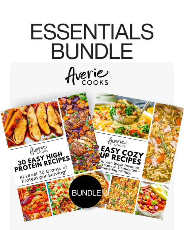 Two Averie Cooks recipe books titled "30 Easy High Protein Recipes" and "30 Easy Cozy Soup Recipes" displayed as part of an Essentials Bundle.