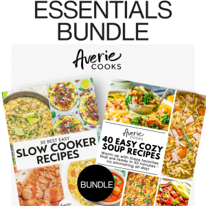 Two Averie Cooks cookbooks titled "30 Best Easy Slow Cooker Recipes" and "40 Easy Cozy Soup Recipes" are displayed with the text "Essentials Bundle" above them.