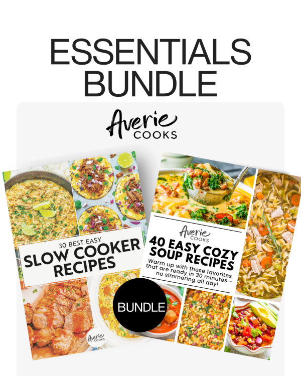 Two Averie Cooks cookbooks titled "30 Best Easy Slow Cooker Recipes" and "40 Easy Cozy Soup Recipes" are displayed with the text "Essentials Bundle" above them.