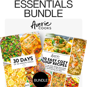 Two Averie Cooks recipe books titled "30 Days of 30 Minute Meals" and "40 Easy Cozy Soup Recipes" displayed as a bundle offer with food images on the covers.
