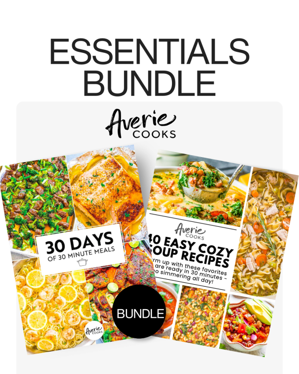 Two Averie Cooks recipe books titled "30 Days of 30 Minute Meals" and "40 Easy Cozy Soup Recipes" displayed as a bundle offer with food images on the covers.