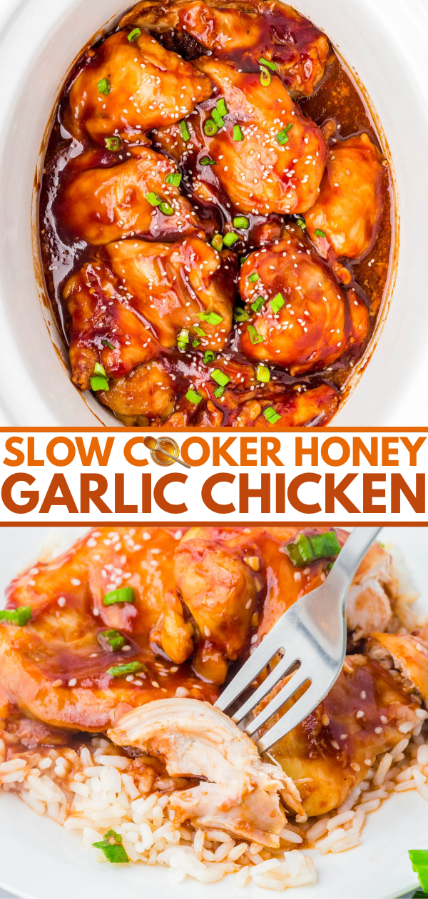 Close-up of slow cooker honey garlic chicken garnished with green onions, served in sauce, and shown on a bed of rice with a fork.
