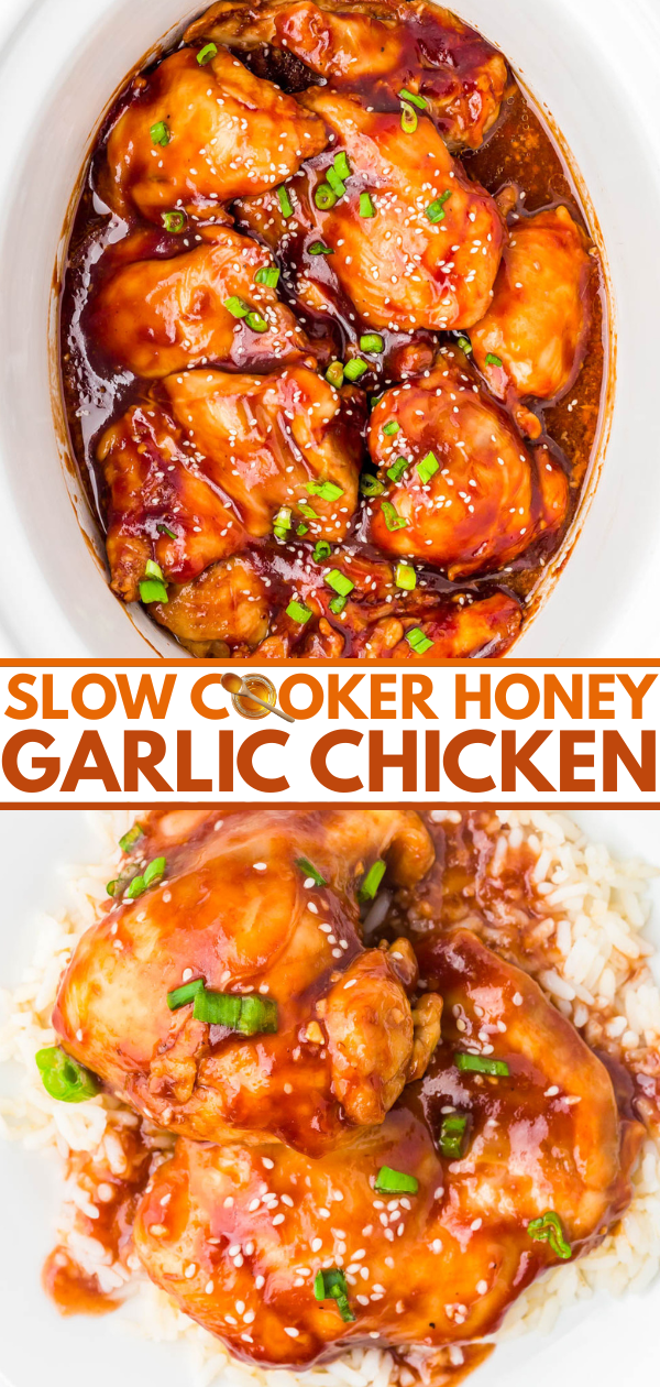 Slow cooker honey garlic chicken garnished with green onions, shown in a dish and served over white rice.