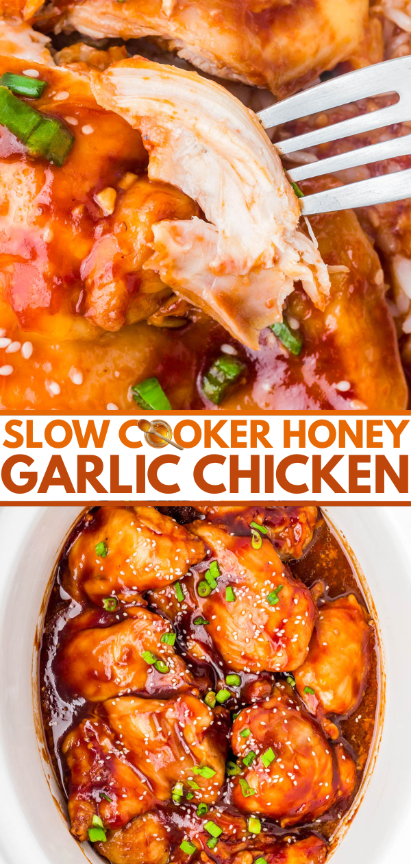Close-up of slow cooker honey garlic chicken garnished with chopped green onions, shown shredded with a fork and served in a white oval dish with sauce.