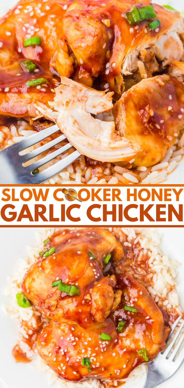 Close-up of slow cooker honey garlic chicken served over rice, garnished with chopped green onions and sesame seeds, with a fork holding a piece of chicken.