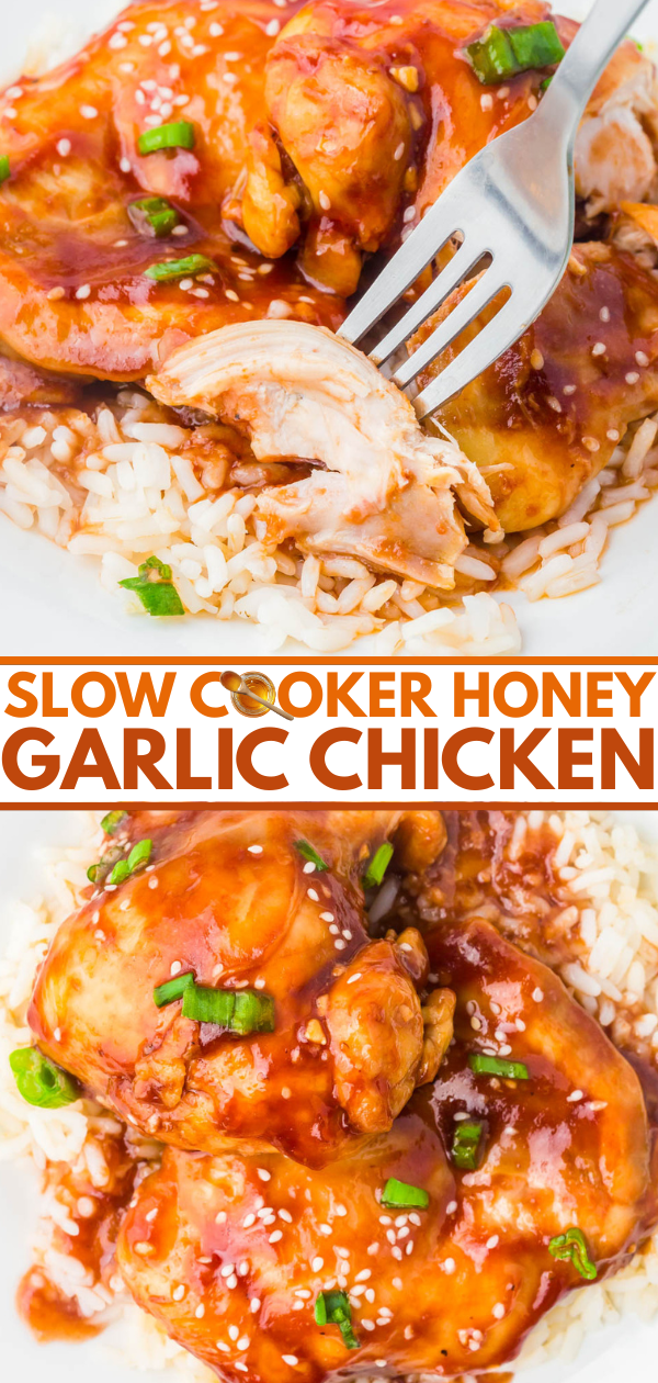 A plate of slow cooker honey garlic chicken served over white rice, topped with sauce, chopped green onions, and sesame seeds.