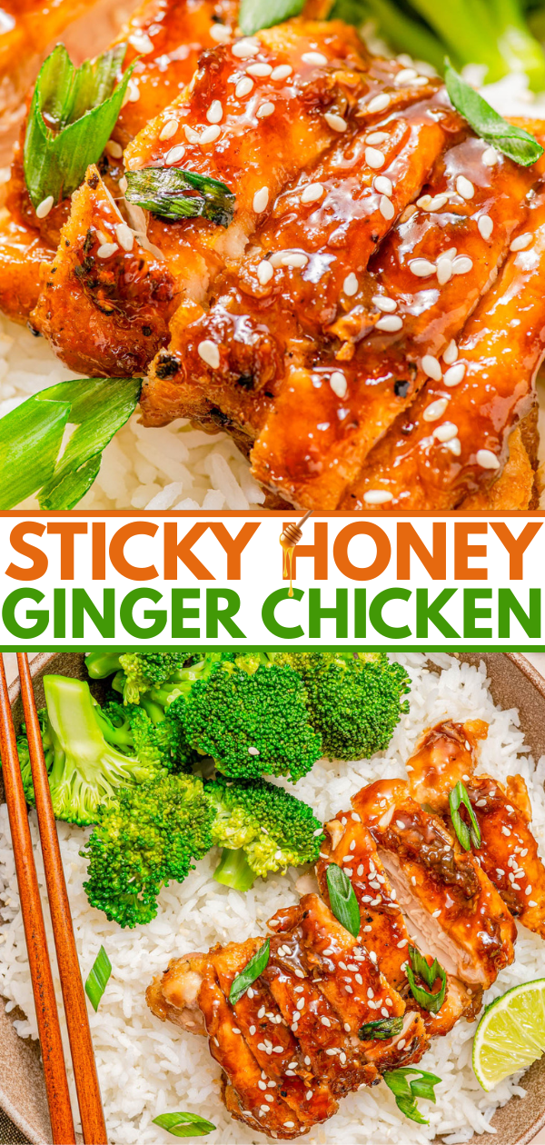 Sliced honey ginger chicken garnished with sesame seeds and green onions, served on white rice with broccoli and a lime wedge.