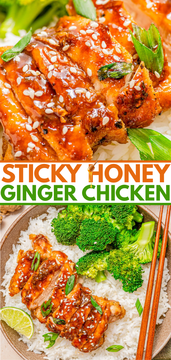 Close-up of sticky honey ginger chicken garnished with sesame seeds and green onions, served over white rice with broccoli, shown from two angles with chopsticks and a lime wedge.