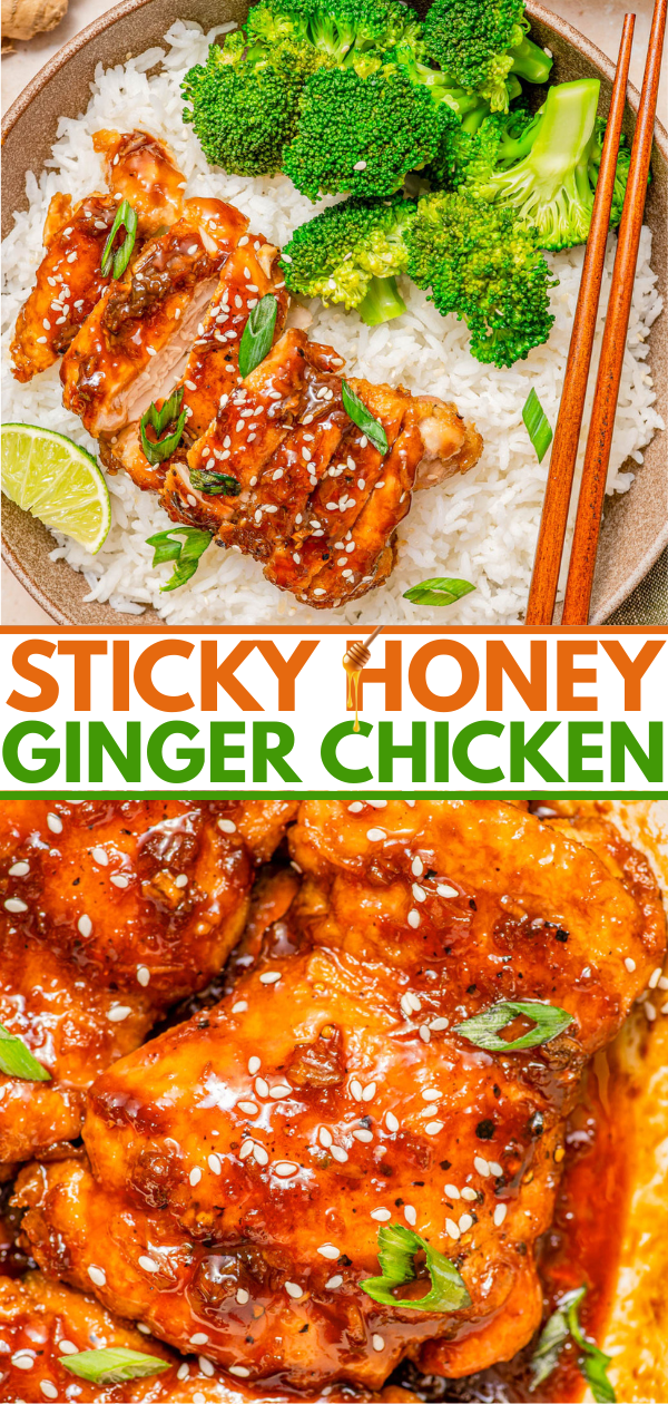 A bowl of rice topped with sticky honey ginger chicken, broccoli, green onions, sesame seeds, a lime wedge, and chopsticks; close-up of glazed chicken below.