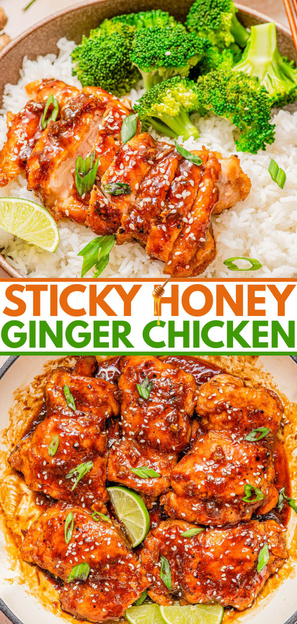 Sticky honey ginger chicken served over white rice with broccoli, lime wedges, and sprinkled with sesame seeds and green onions; close-up and overhead views.