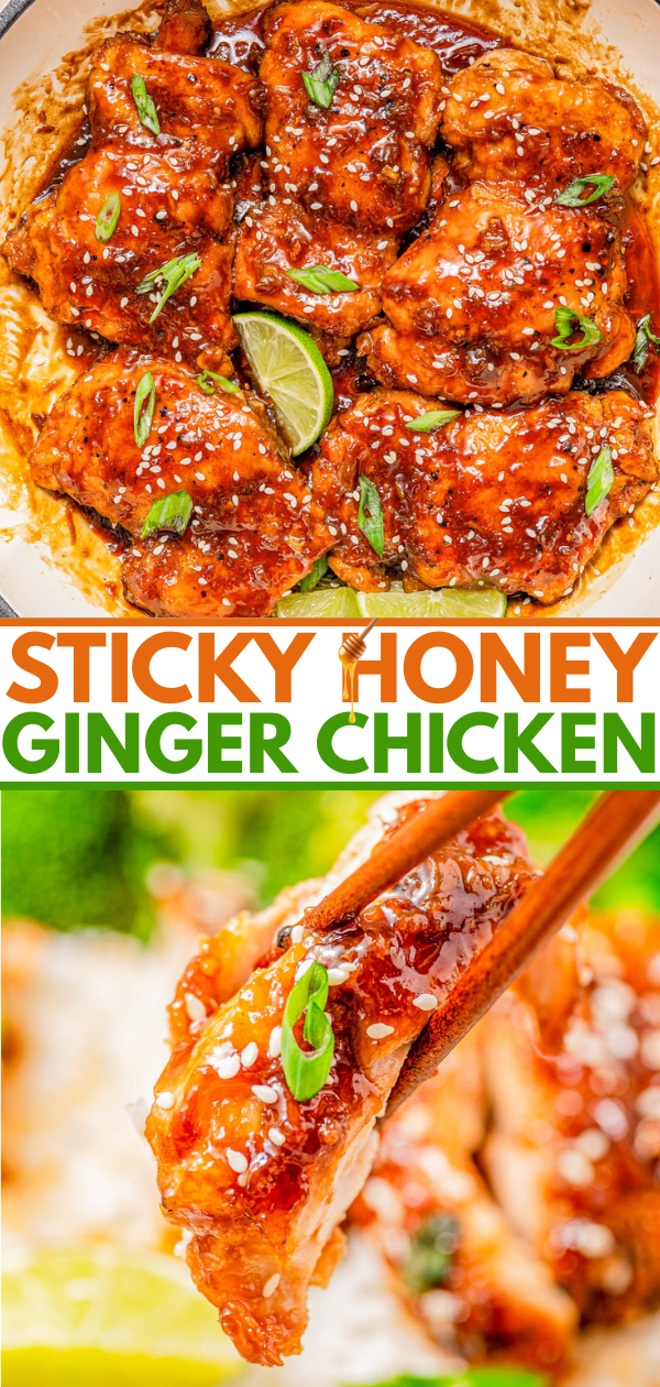 A skillet with sticky honey ginger chicken garnished with green onions and a lime wedge, and a close-up of a piece held with chopsticks.