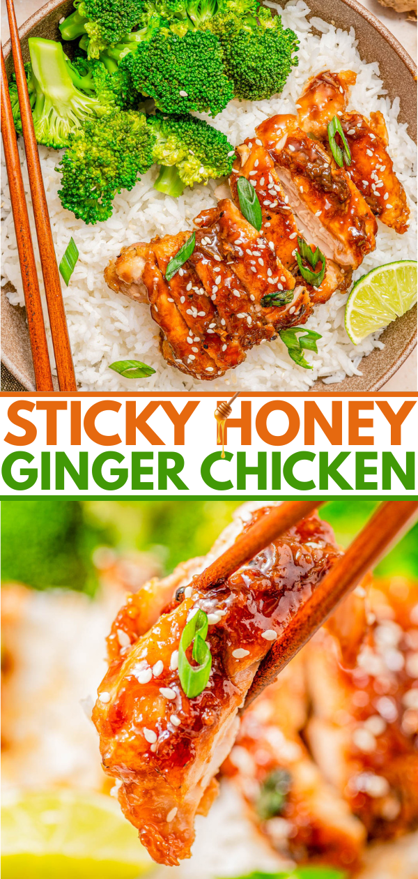 Chicken with sticky honey ginger glaze served on white rice with broccoli, garnished with green onions, sesame seeds, and a lime wedge. Text reads "Sticky Honey Ginger Chicken.