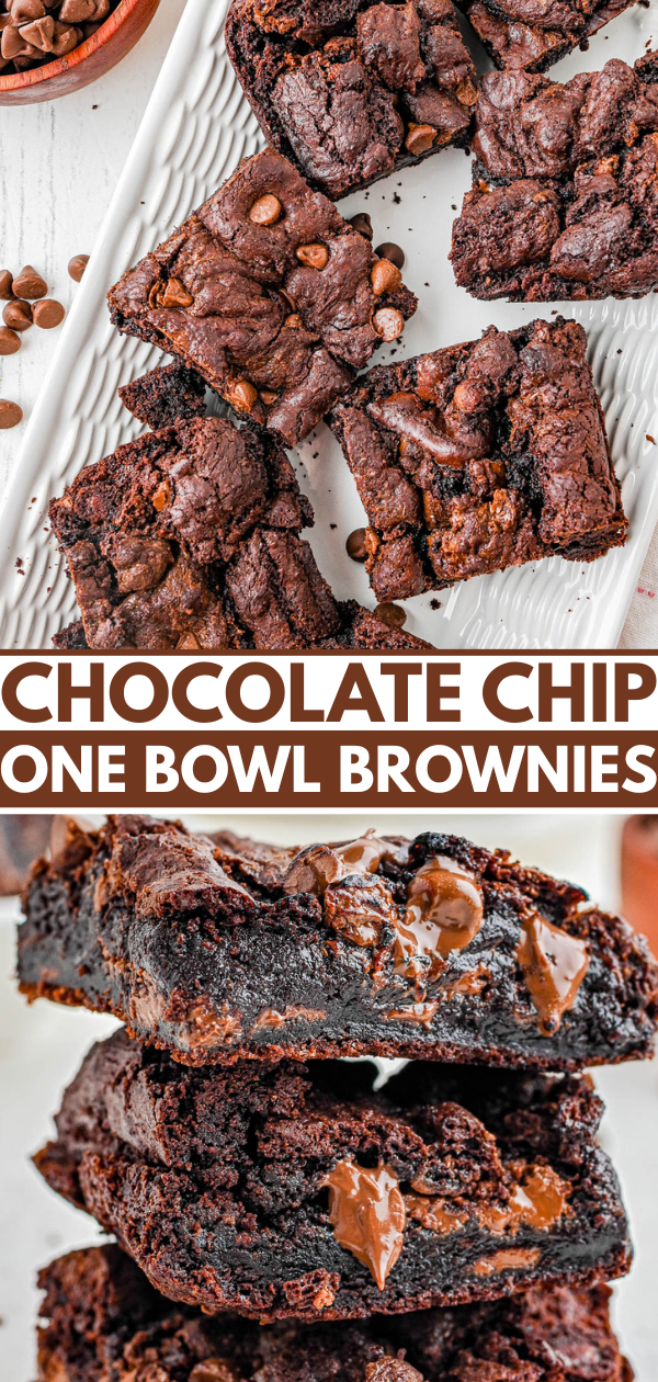 Four thick, fudgy chocolate chip brownies are shown on a white plate, with close-up shots highlighting melty chocolate chips and a rich, dense texture.