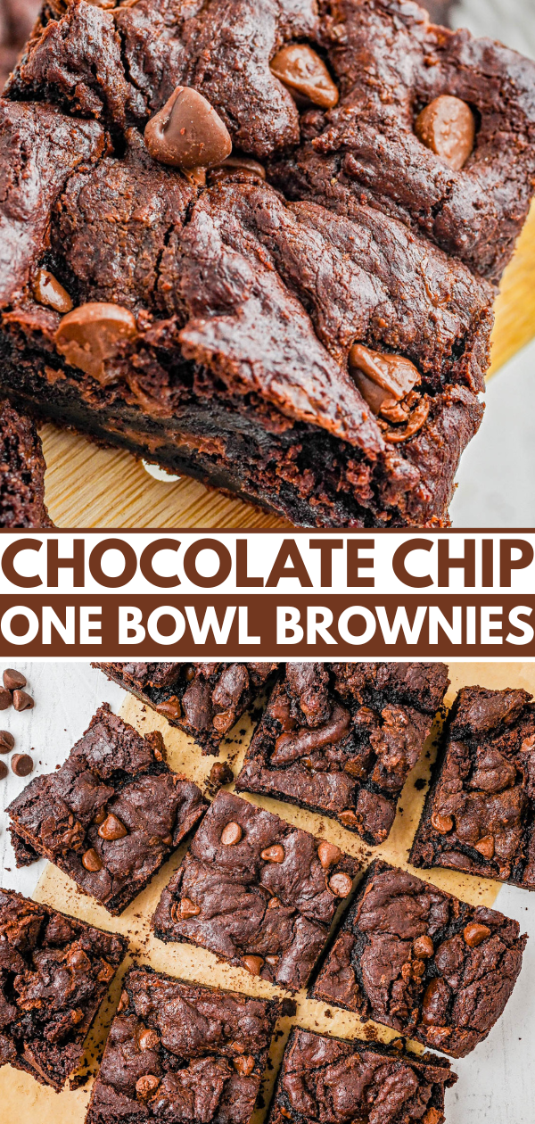 A close-up of chocolate chip brownies cut into squares, displayed on a wooden board and parchment paper, with text reading “Chocolate Chip One Bowl Brownies.”.