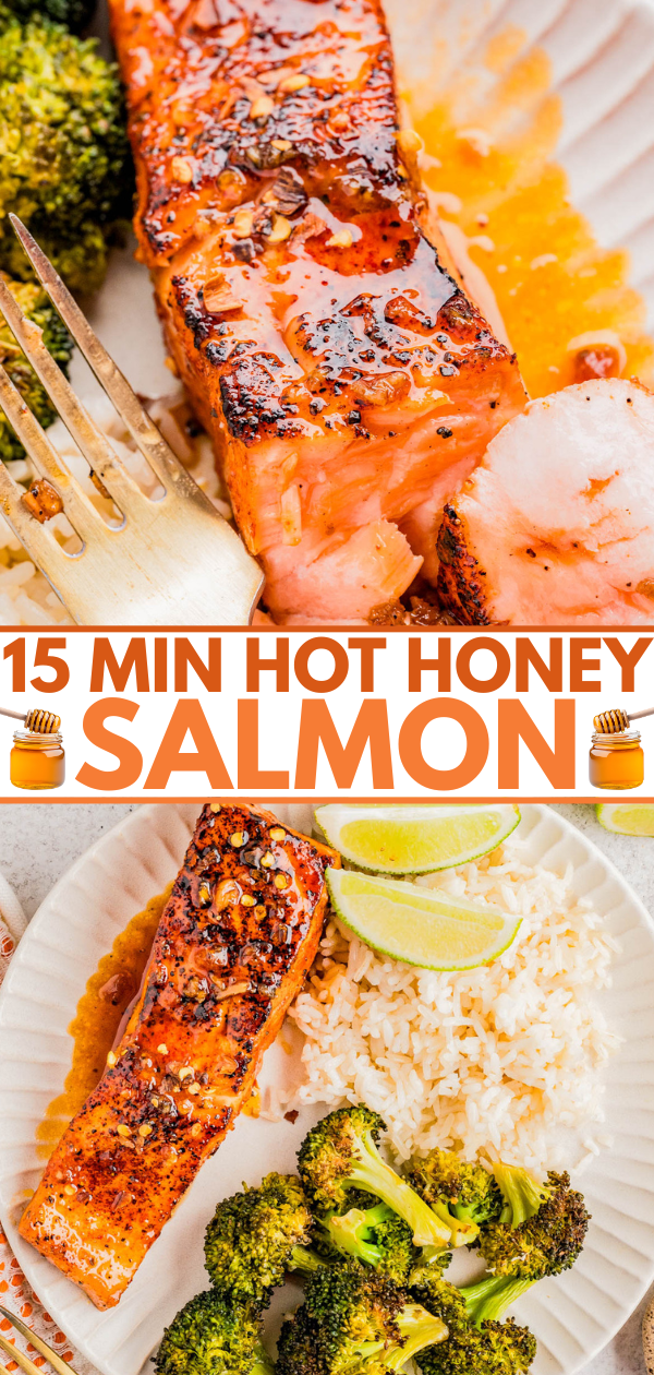 A cooked salmon fillet with hot honey glaze served with white rice, broccoli, lime wedges, and a fork. Text overlay reads "15 MIN HOT HONEY SALMON.