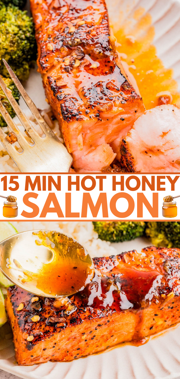 A close-up of cooked salmon fillets topped with hot honey sauce, served with broccoli. Text reads “15 Min Hot Honey Salmon” with honey pot icons.