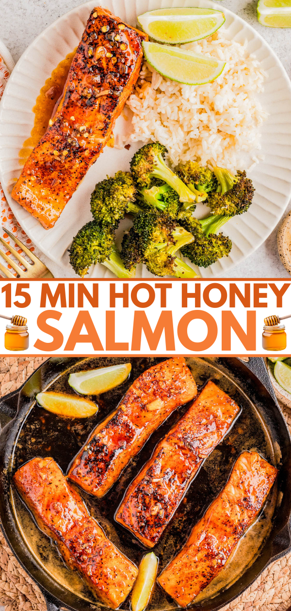 Plate with cooked salmon, white rice, broccoli, and lime wedges above text reading "15 Min Hot Honey Salmon," with three salmon fillets cooking in a skillet.