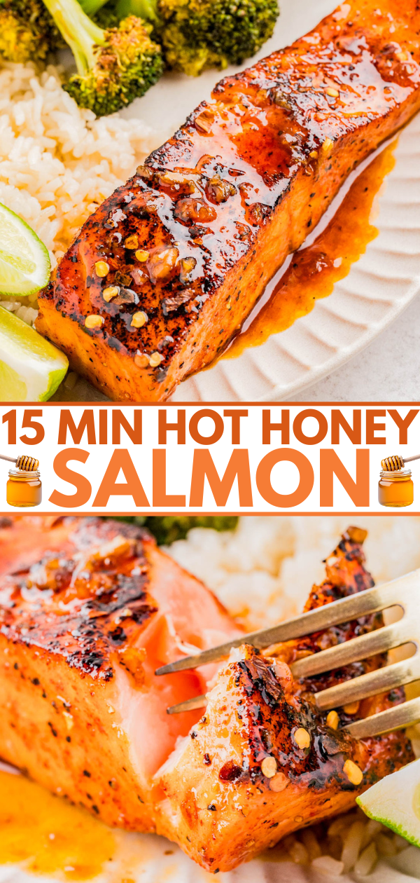 Close-up of a plate with hot honey glazed salmon, white rice, broccoli, and lime wedges, with text overlay reading "15 Min Hot Honey Salmon.