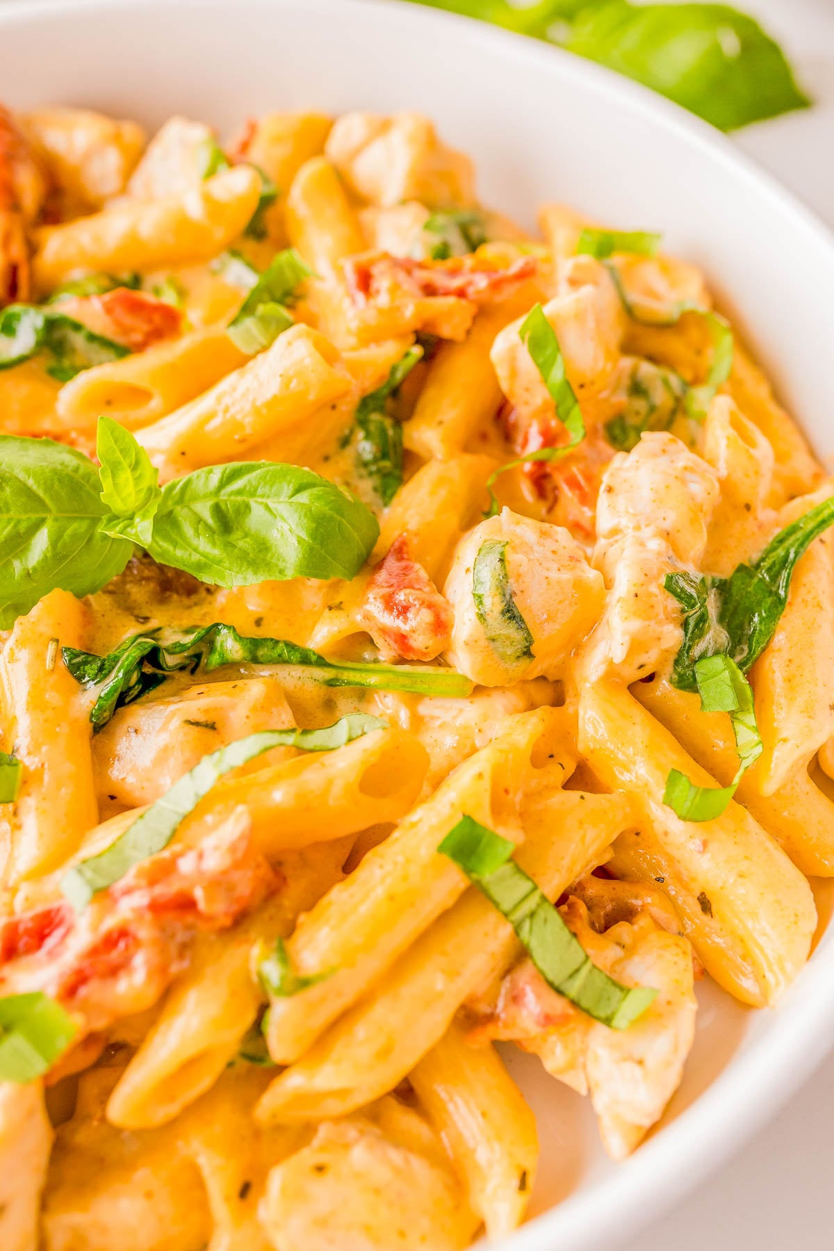 A close-up of penne pasta with creamy sauce, chicken pieces, sun-dried tomatoes, and fresh basil, served in a white bowl.
