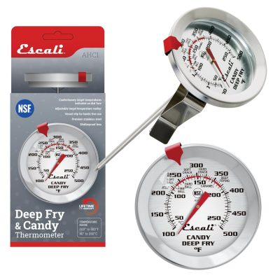 Escali deep fry and candy thermometer with adjustable clip, shown in and out of packaging, featuring a large dial with temperature range from 100ยฐF to 500ยฐF.