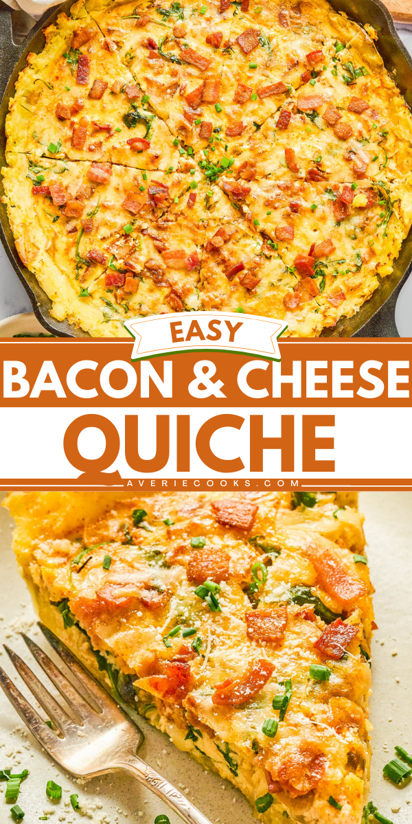 A bacon and cheese quiche in a skillet, with a close-up of a sliced piece on a plate next to a fork.
