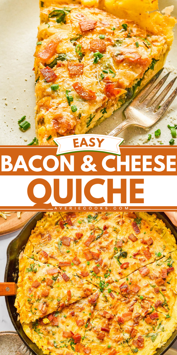 A bacon and cheese quiche is shown, topped with chopped chives and bacon pieces, served in a skillet and sliced on a plate with a fork.