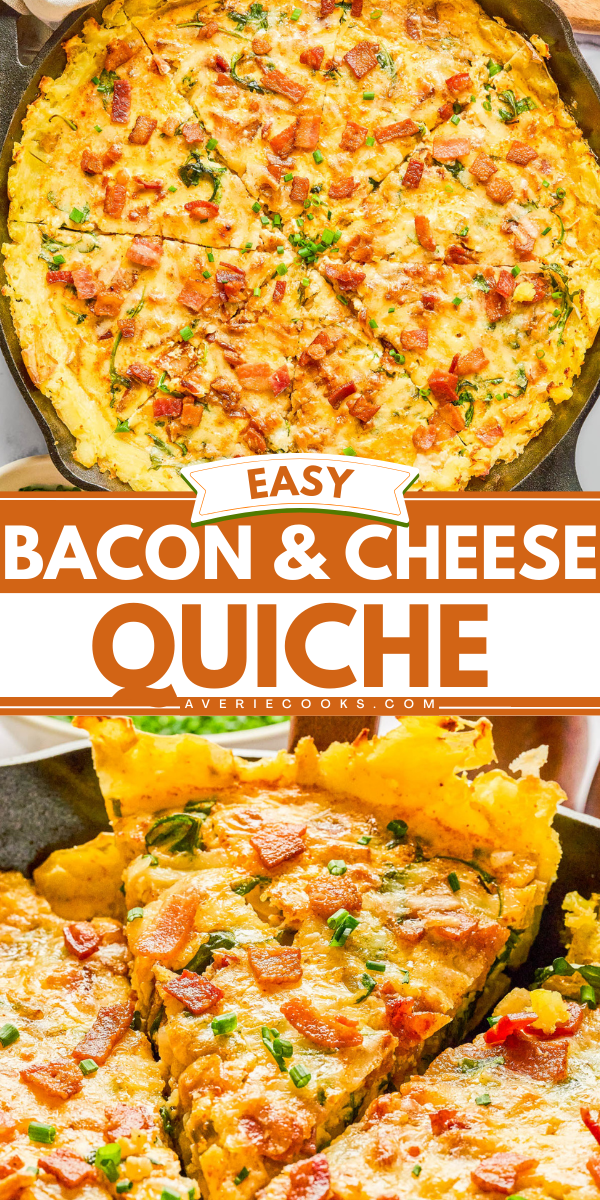 Bacon and cheese quiche in a skillet, topped with chopped bacon and herbs, with a slice being served.
