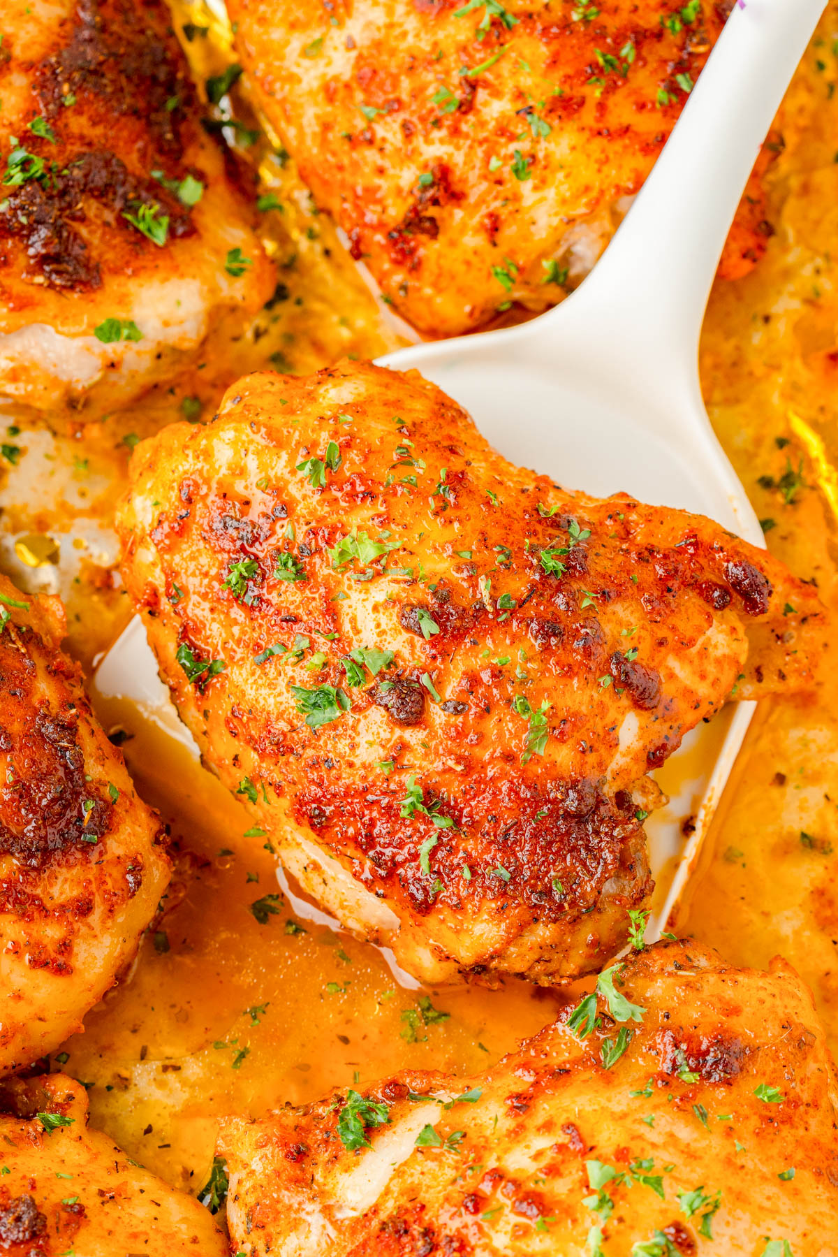 Close-up of seasoned, baked chicken thighs in a creamy orange sauce, garnished with chopped herbs, with one piece being lifted by a white spatula.