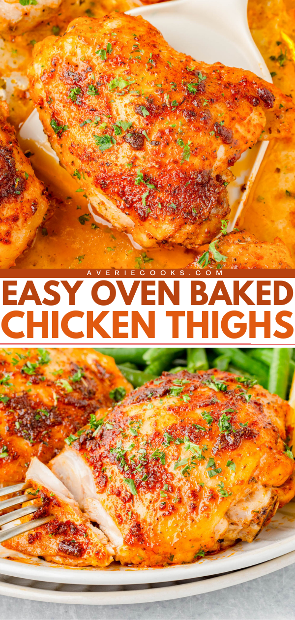 Close-up of seasoned, oven-baked chicken thighs garnished with herbs, served with sauce on a plate, with a fork cutting into one piece. Text overlay reads: "Easy Oven Baked Chicken Thighs.