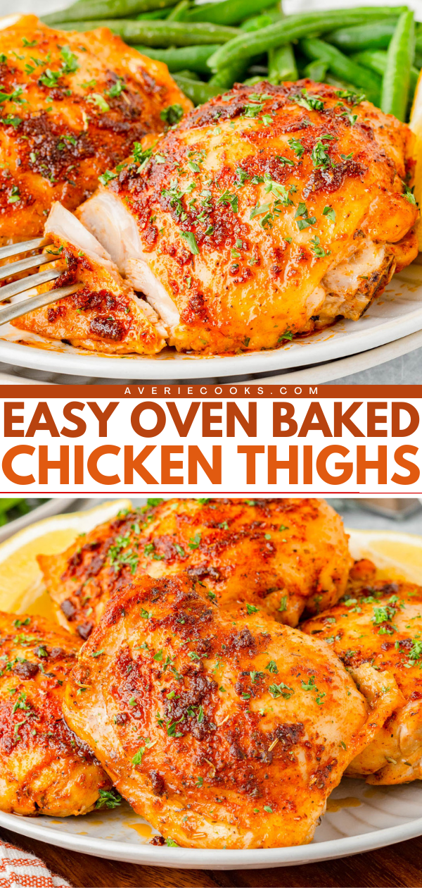 Plate of oven-baked chicken thighs garnished with herbs, served with green beans. Text reads "Easy Oven Baked Chicken Thighs.