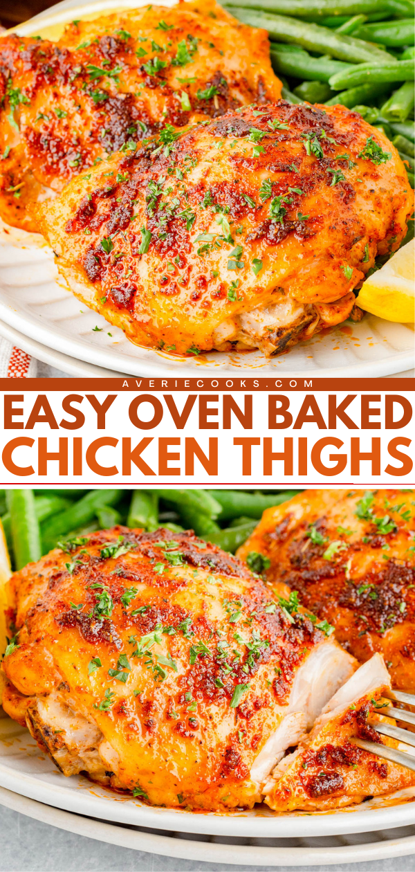 Golden-brown oven-baked chicken thighs served with green beans and garnished with parsley, shown whole and cut with a fork.