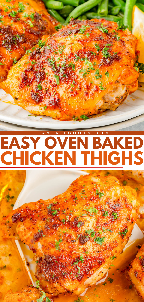 Close-up of seasoned, oven-baked chicken thighs garnished with parsley, served with green beans and a lemon wedge. Text reads "Easy Oven Baked Chicken Thighs.