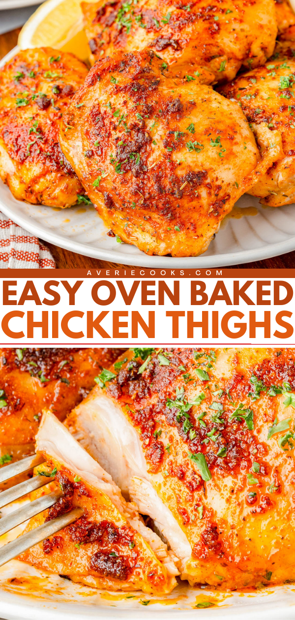 Plate of seasoned, oven-baked chicken thighs garnished with herbs, with a close-up of a fork cutting into one piece; text reads “Easy Oven Baked Chicken Thighs.”.
