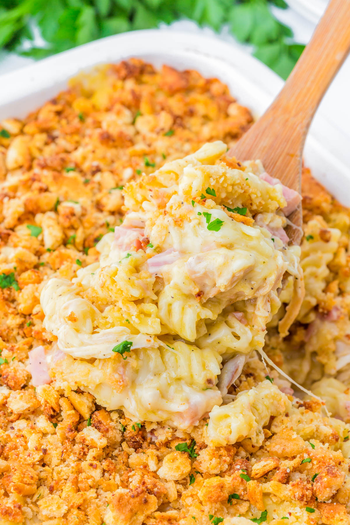 A wooden spoon lifts a serving of cheesy chicken casserole with a golden, crumbly topping from a baking dish.