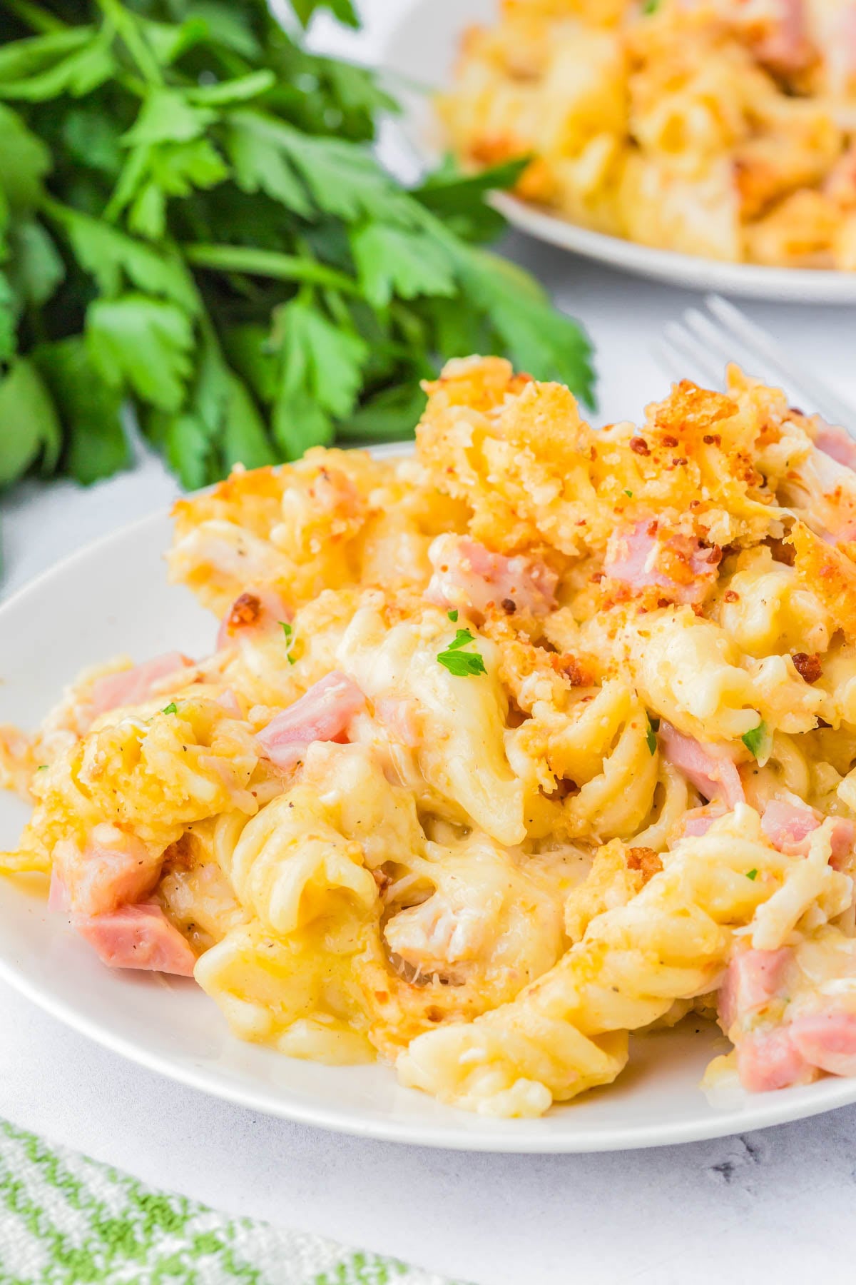 A plate of baked pasta casserole with melted cheese, ham, and breadcrumbs, garnished with parsley, set on a white surface.
