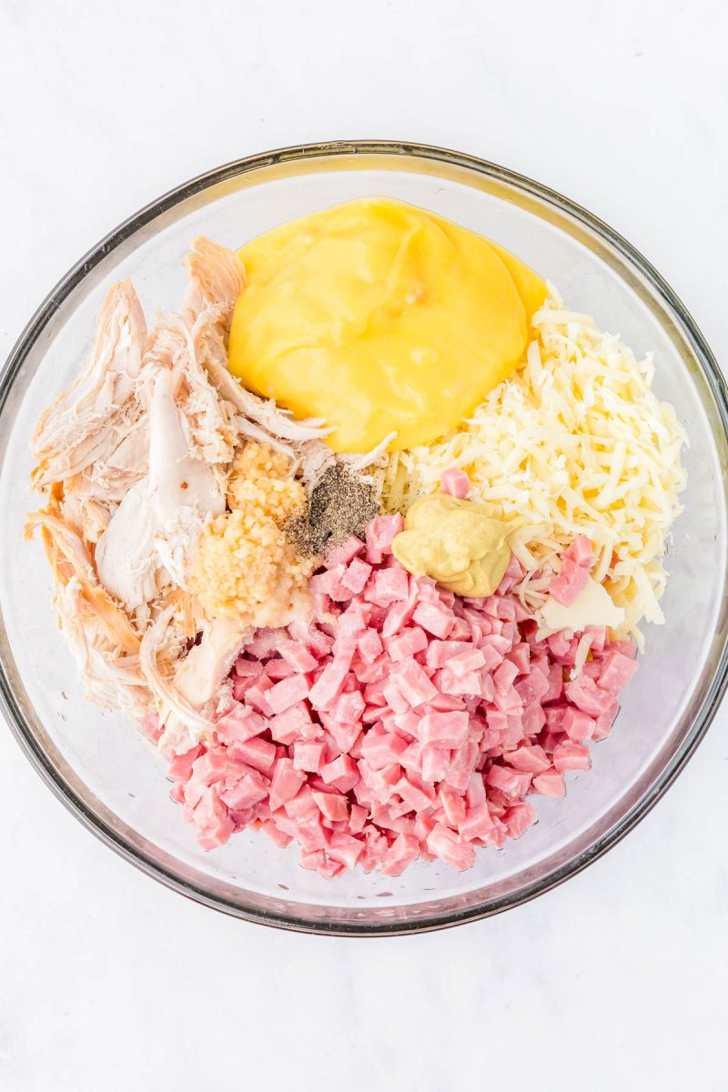 A glass bowl containing shredded chicken, diced ham, shredded cheese, minced garlic, cream soup, mustard, salt, and pepper, all separated into sections.